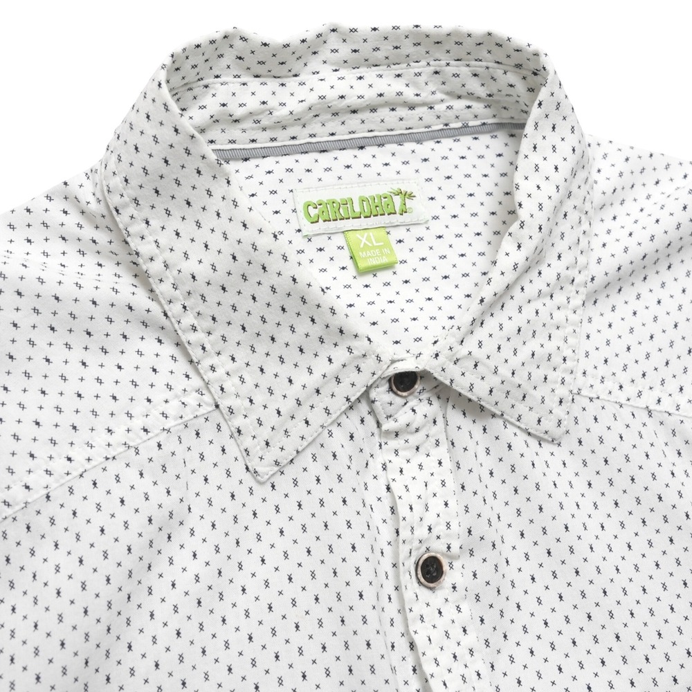 Cariloha Button Down Mens XL White Black Cross Pattern Bamboo Cotton